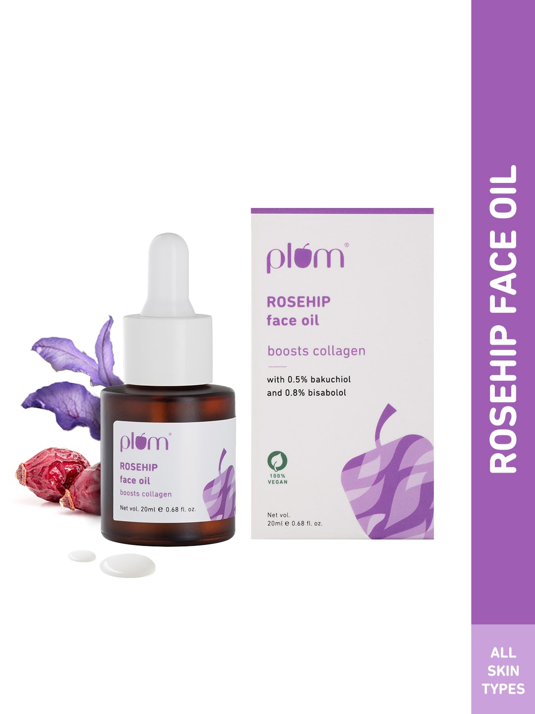 

Plum Rosehip Face Oil With 0.5% Bakuchiol & 0.8% Bisabolol Boosts Collagen 20ml, White