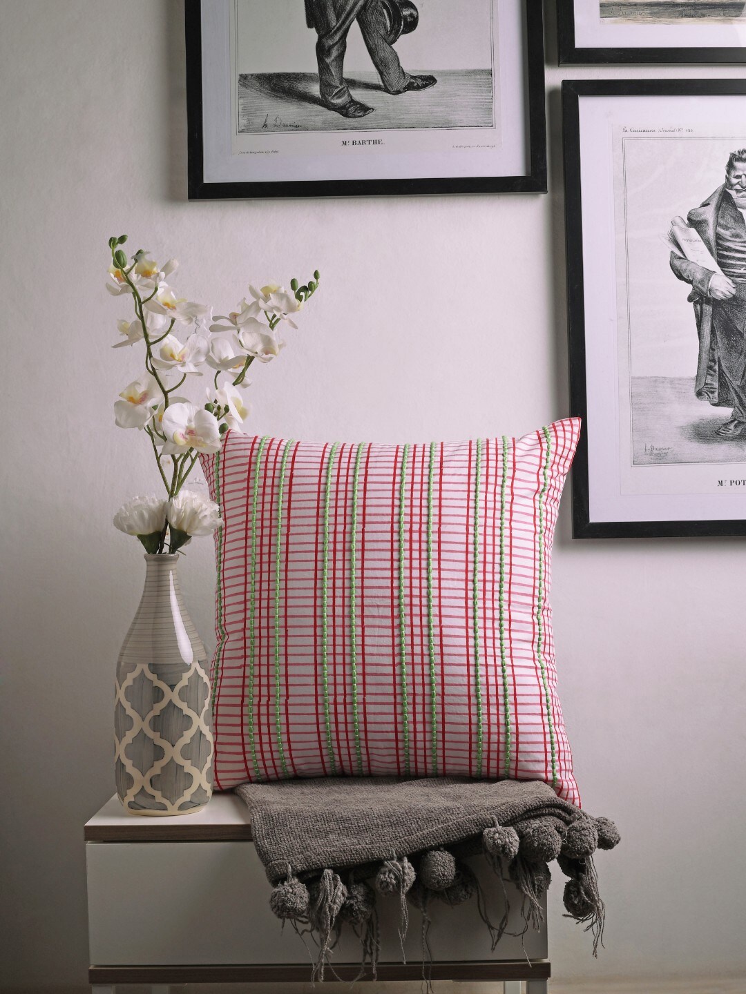 

SPACES White & Pink Striped Square 100% Cotton Cushion Covers