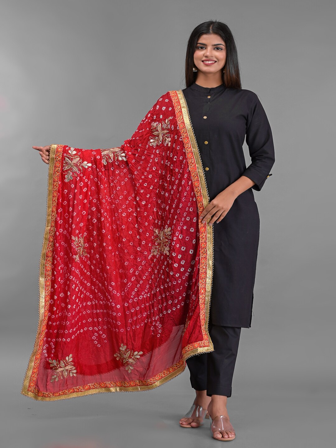 

Apratim Red & Off White Embroidered Art Silk Bandhani Dupatta With Gotta Patti