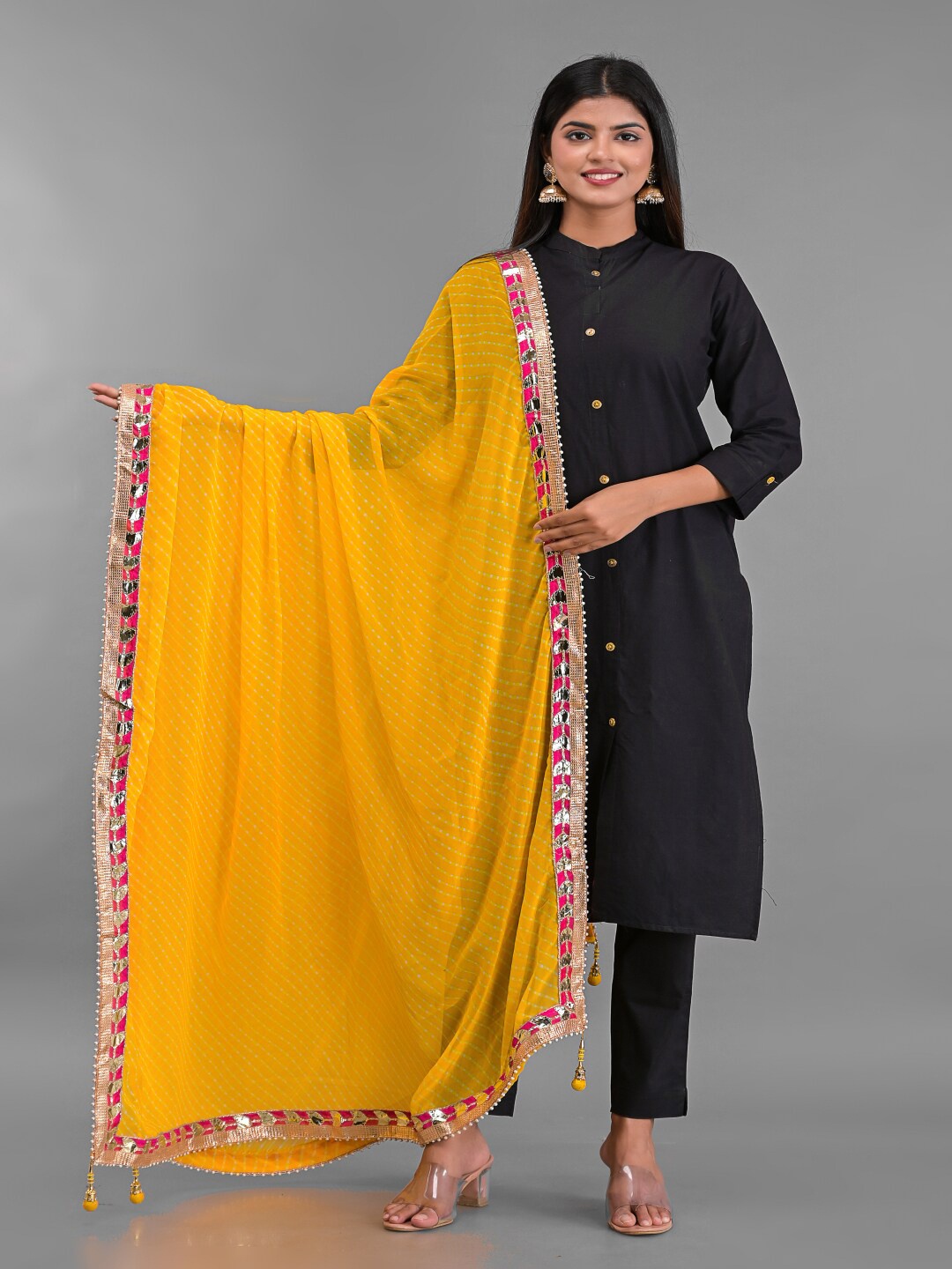 

Apratim Yellow & Pink Leheriya Dupatta with Gotta Patti
