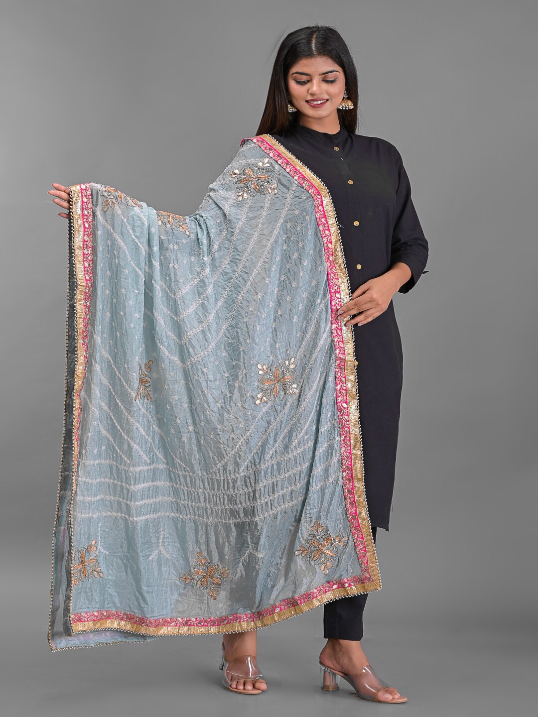 

Apratim Grey & Pink Printed Art Silk Bandhani Dupatta with Gotta Patti