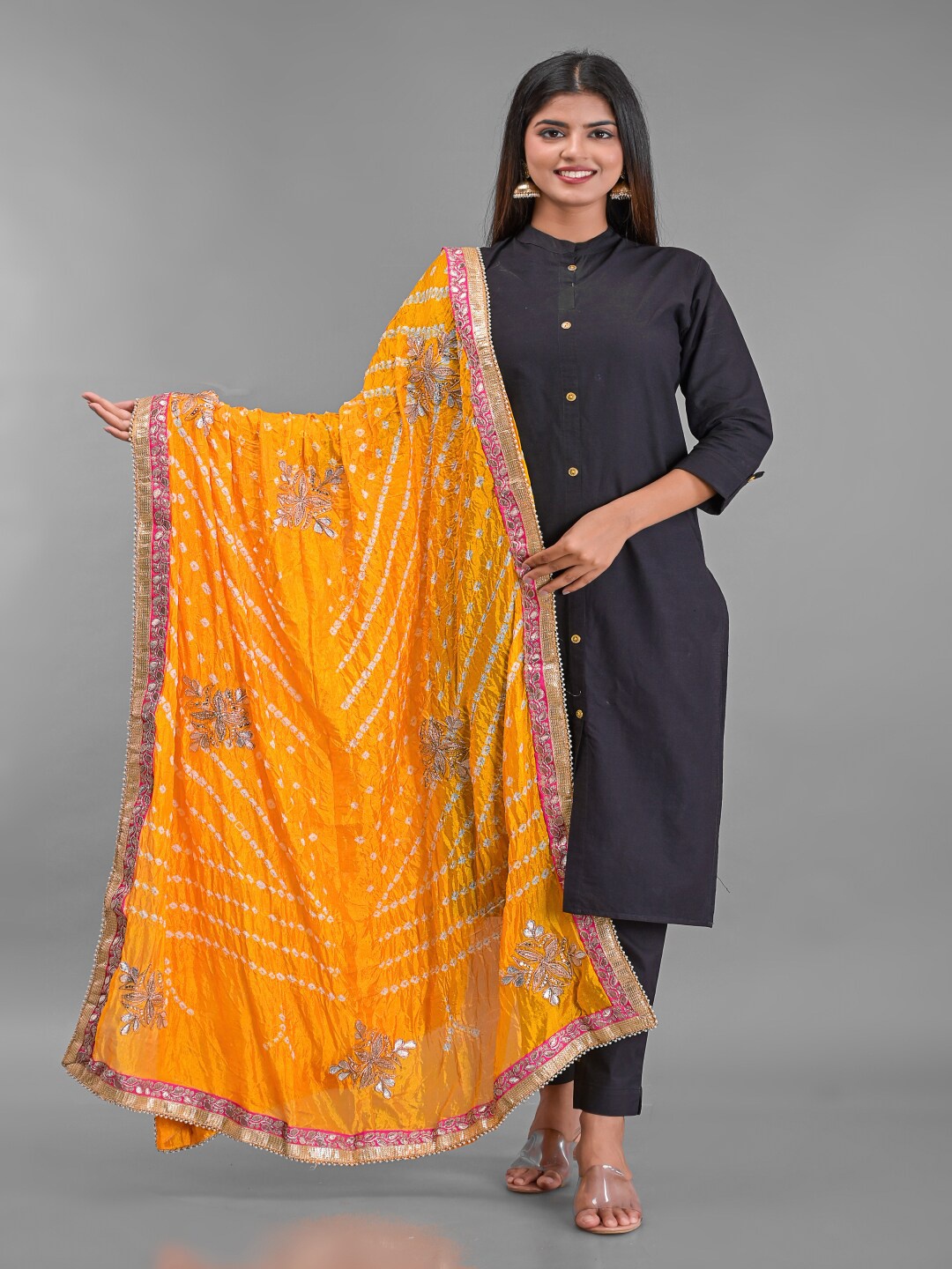 

Apratim Yellow & White Woven Design Art Silk Bandhani Dupatta with Gotta Patti