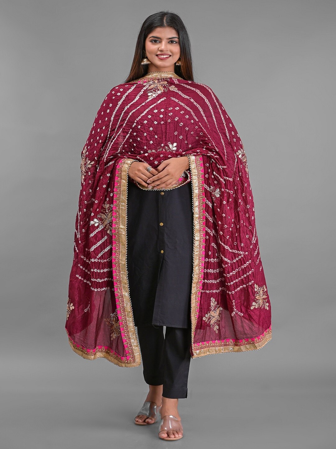 

Apratim Maroon & Gold-Toned Embroidered Art Silk Bandhani Dupatta with Gotta Patti