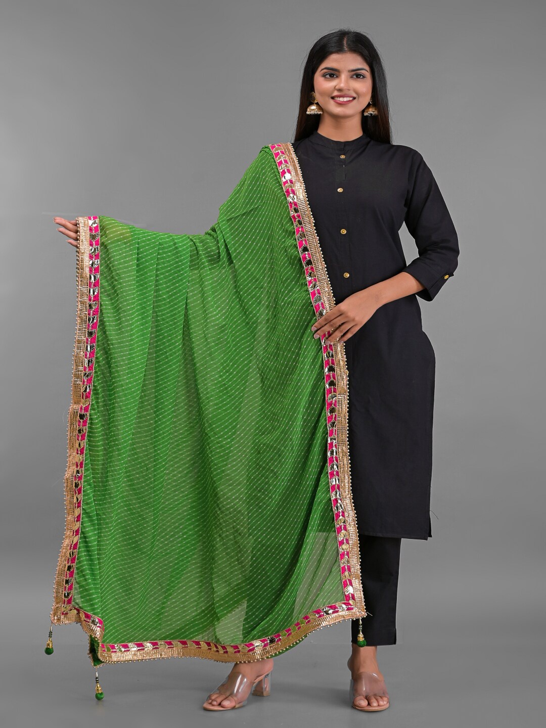 

Apratim Green & White Printed Leheriya Dupatta with Gotta Patti