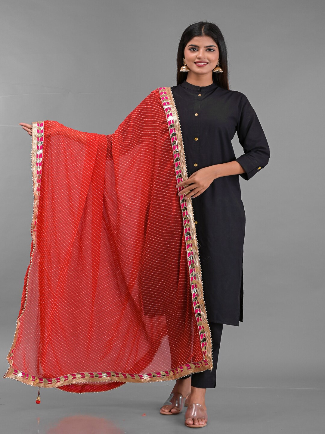 

Apratim Red & Gold-Toned Printed Leheriya Dupatta with Gotta Patti