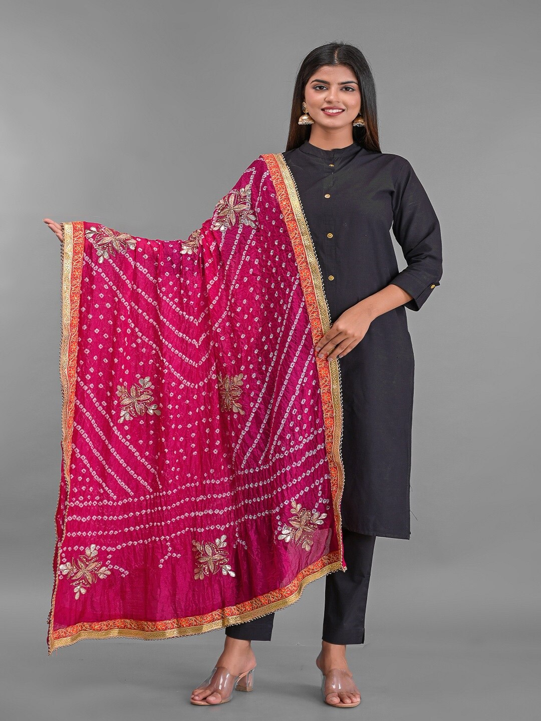 

Apratim Pink & Off White Printed Art Silk Bandhani Dupatta with Gotta Patti