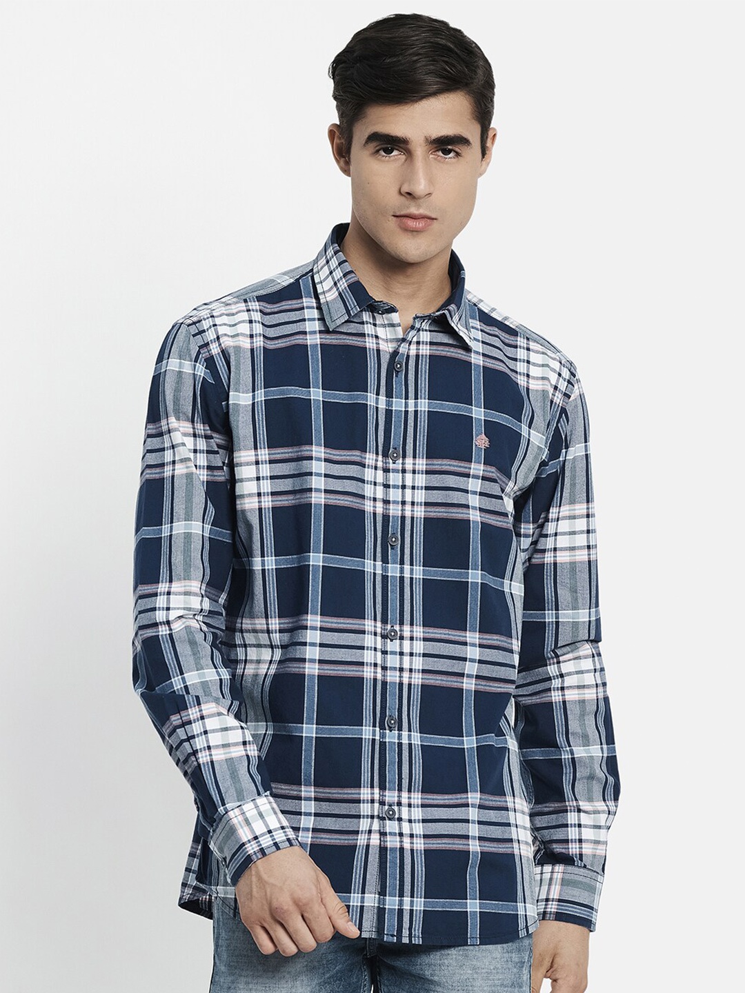 

METTLE Men Navy Blue Tartan Checks Checked Casual Shirt