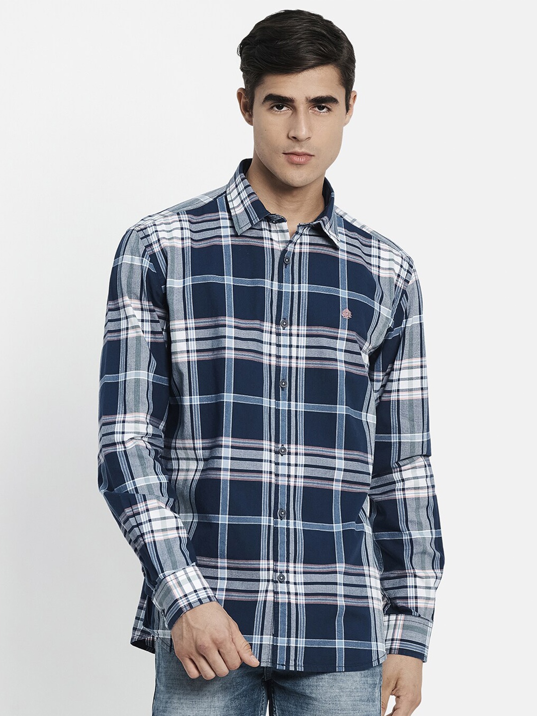

METTLE Men Navy Blue Tartan Checks Checked Casual Shirt