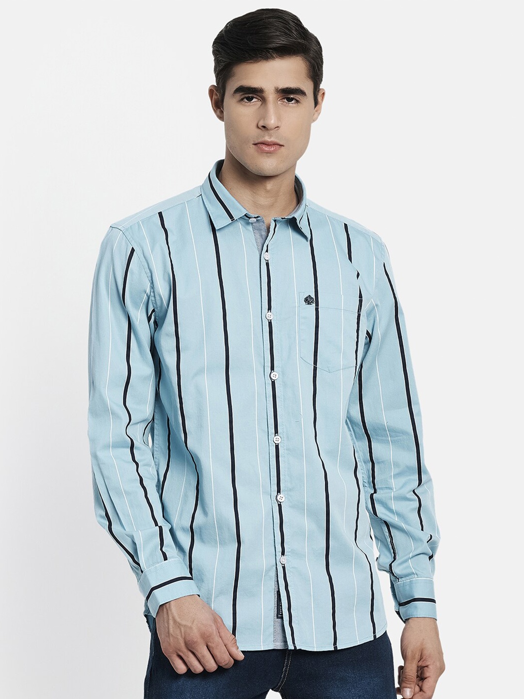 

METTLE Men Blue Striped Cotton Full Sleeve Casual Shirt