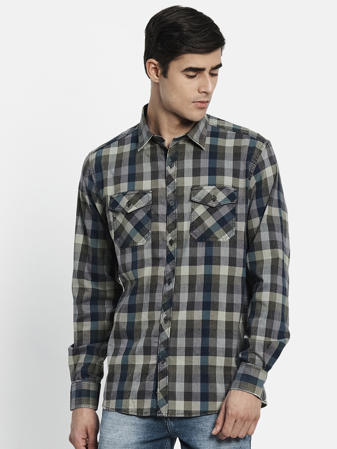 

METTLE Men Olive Green Tartan Checks Checked Casual Shirt