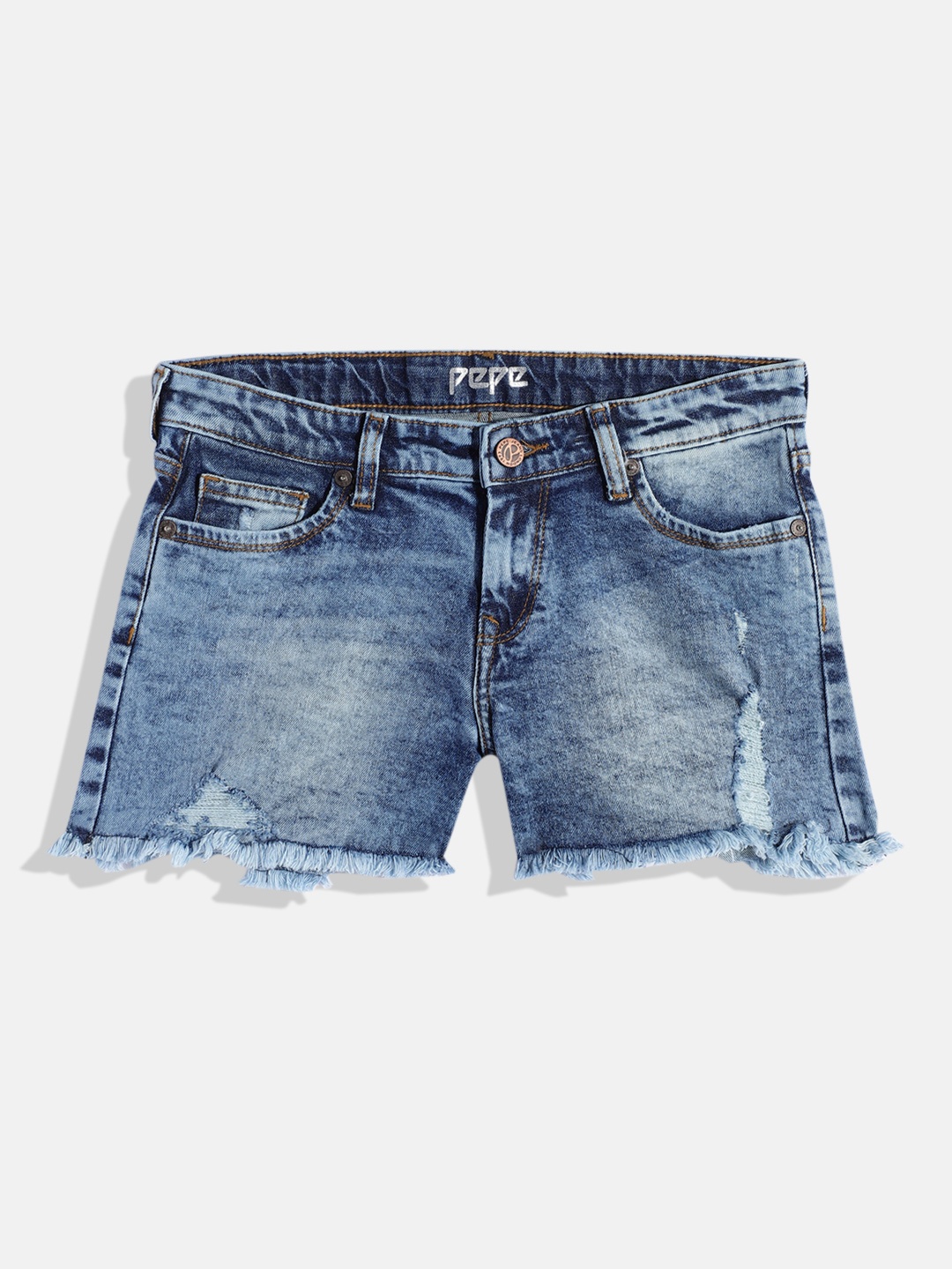 

Pepe Jeans Girls Remy Foxtail Distressed Washed Denim Shorts, Blue