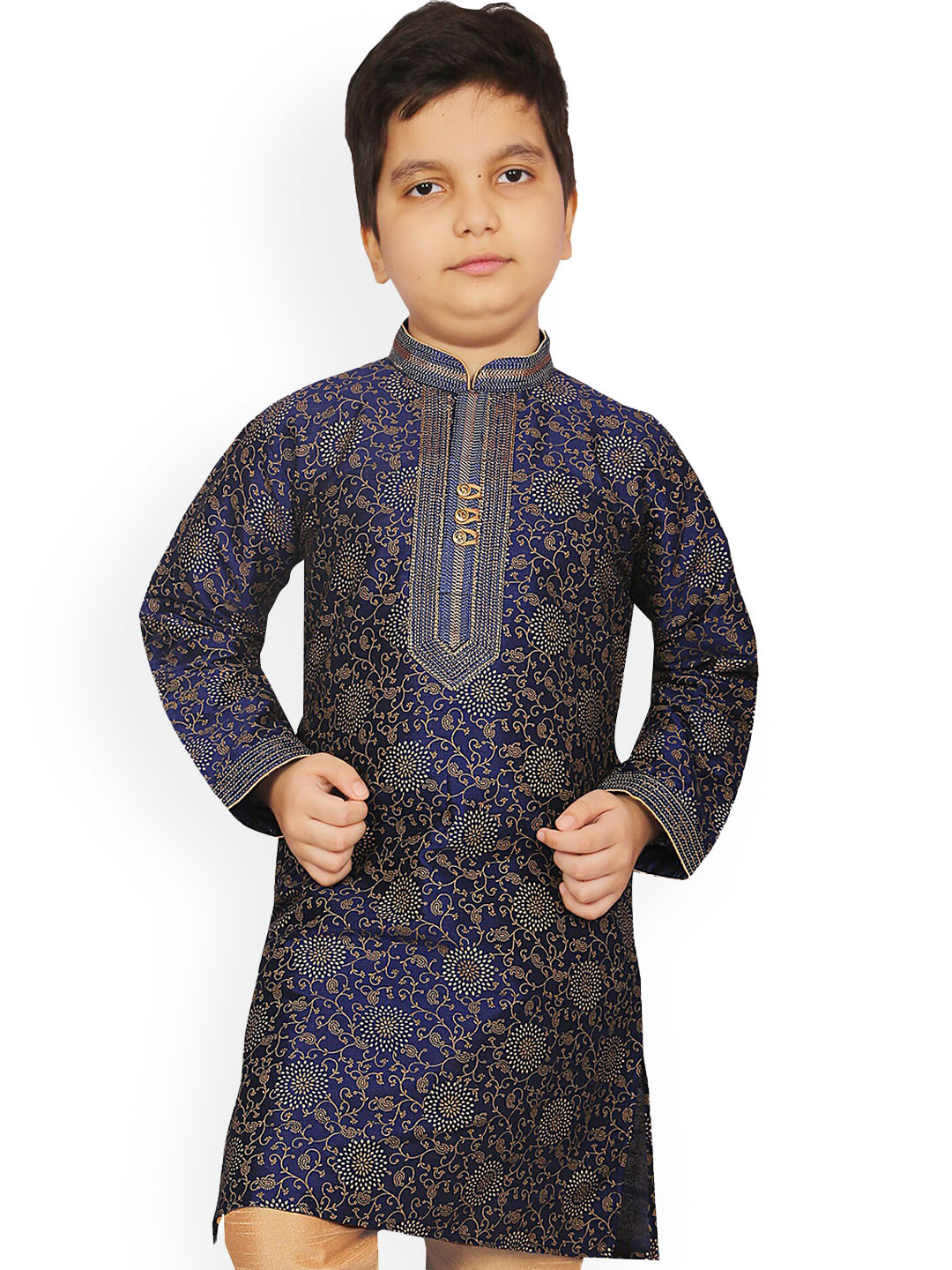 

KIDS FARM Boys Navy Blue Embroidered Kurti with Pyjamas