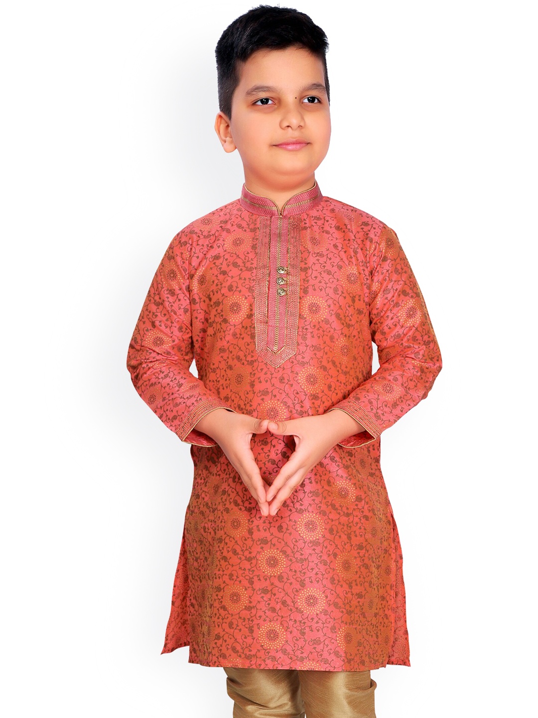 

KIDS FARM Boys Orange Floral Embroidered Thread Work Kurta with Pyjamas