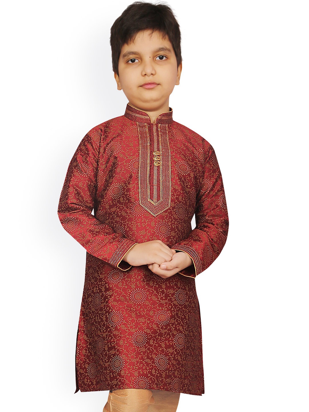 

KIDS FARM Boys Maroon Ethnic Motifs Printed Silk Kurti with Pyjama