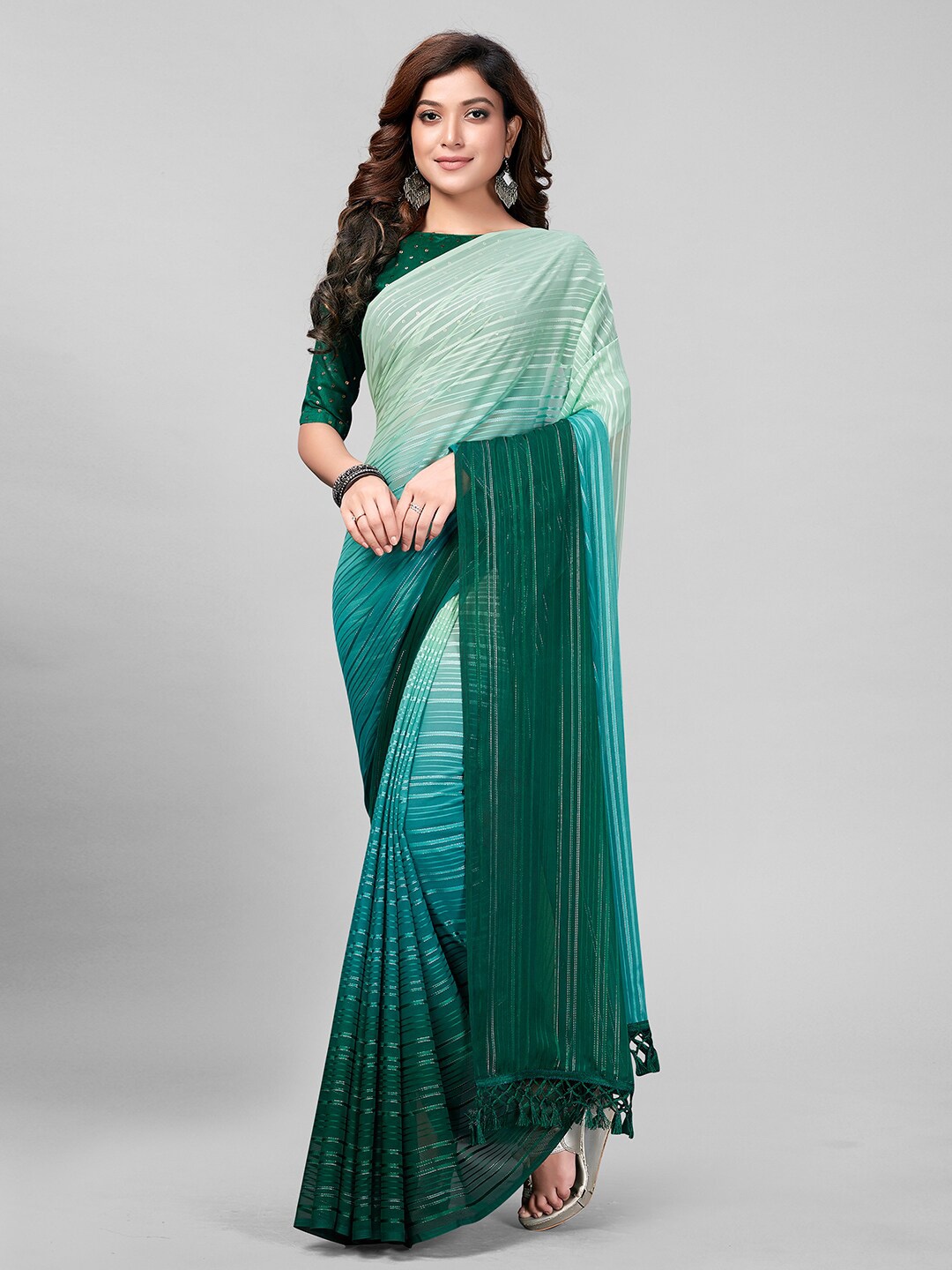 

Granthva Fab Green & Lime Green Embellished Striped Sequinned Art Silk Saree