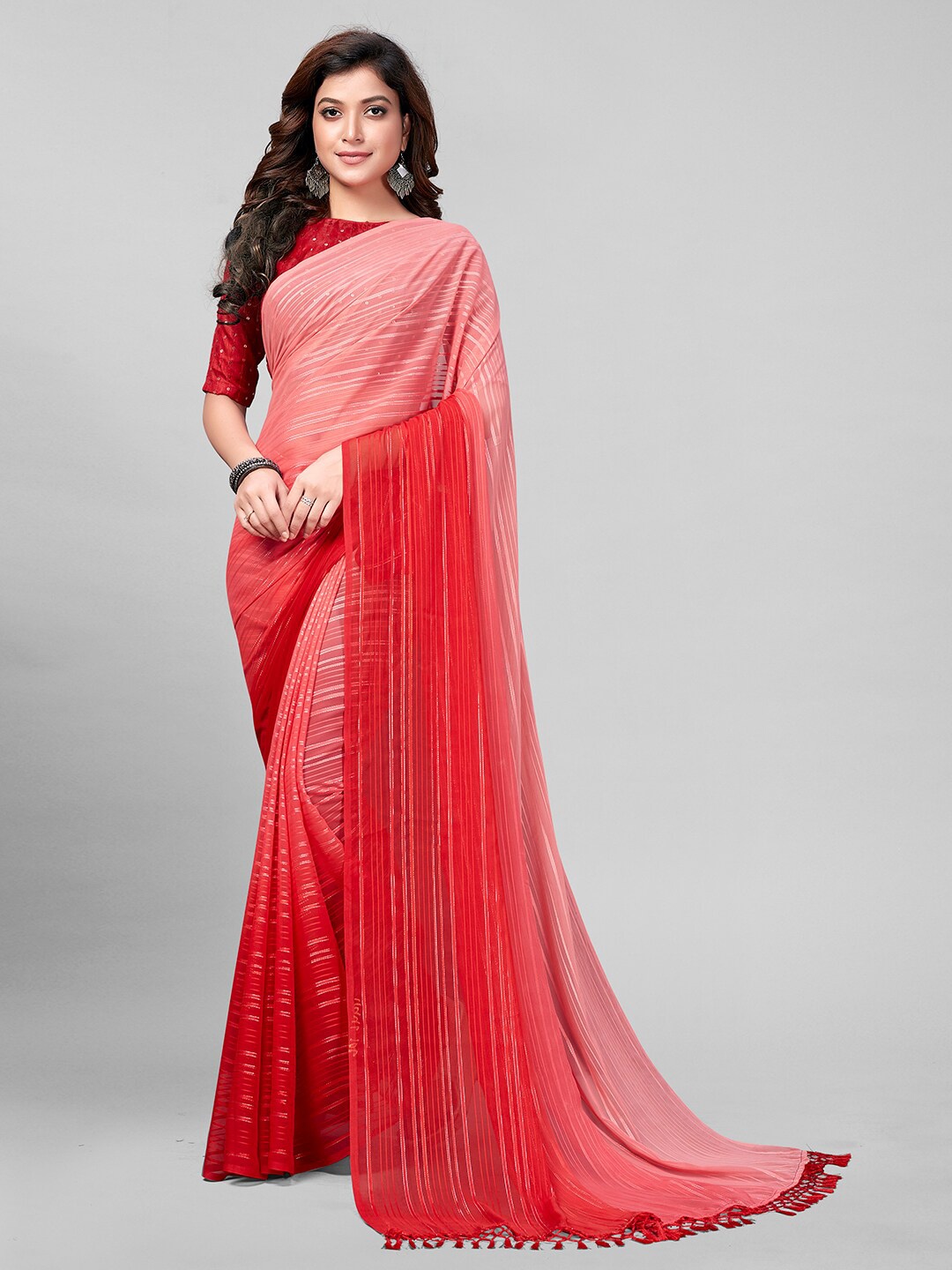 

Granthva Fab Pink & Red Embellished Sequinned Art Silk Saree