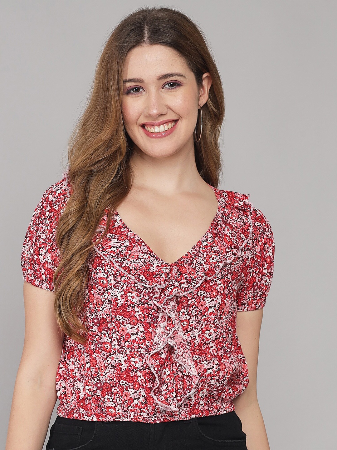 

ADDYVERO Red Floral Print Top
