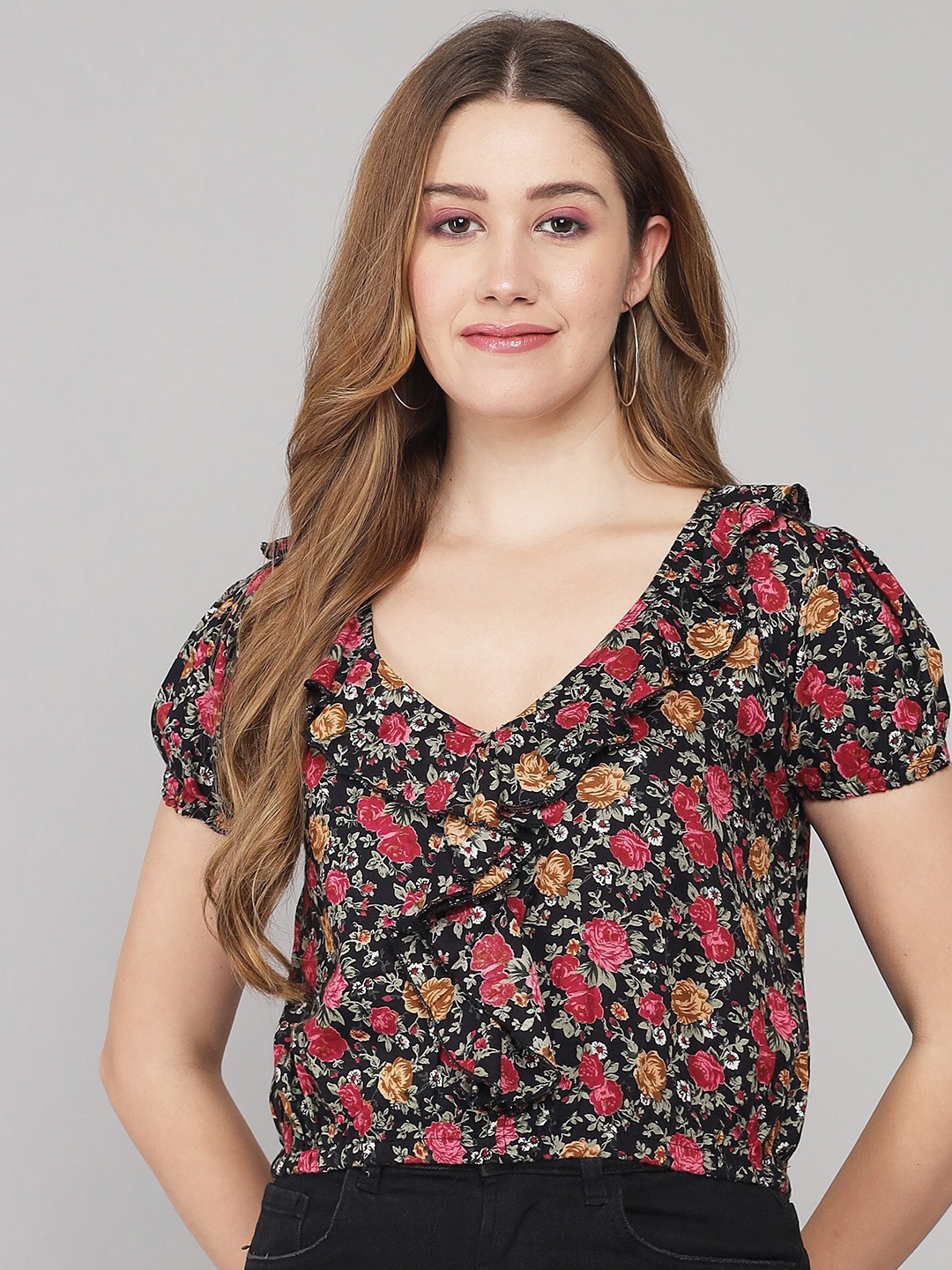 

ADDYVERO Women Black & Maroon Floral Print Top