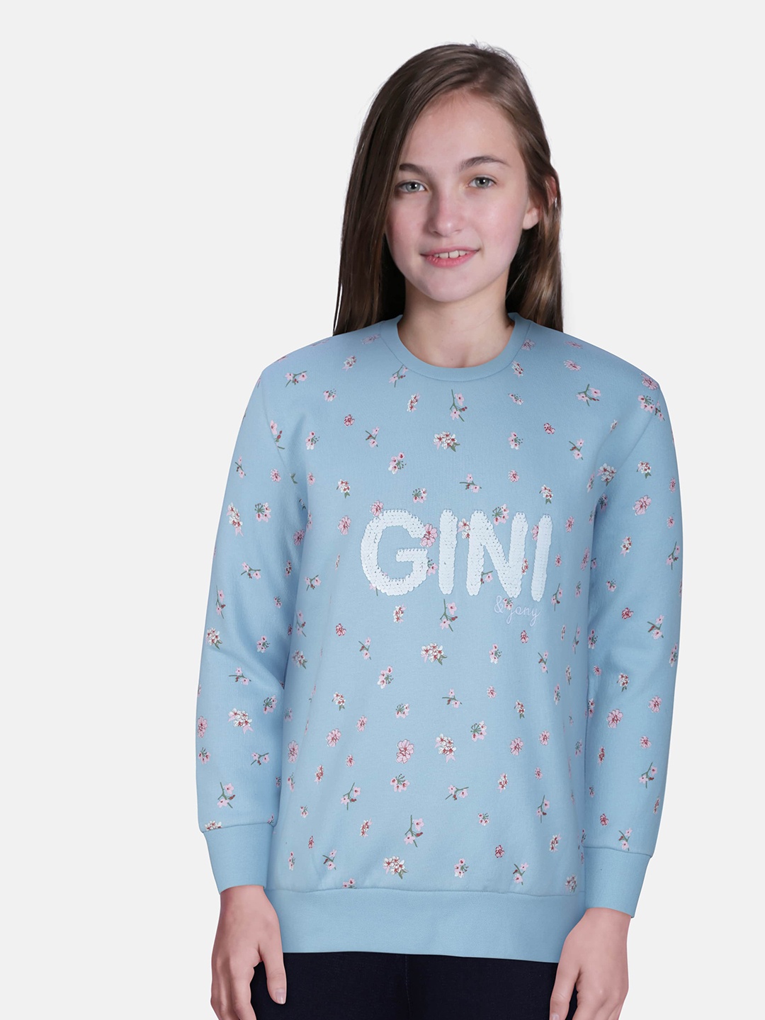 

Gini and Jony Girls Blue Floral Printed Full Sleeves Sweatshirt