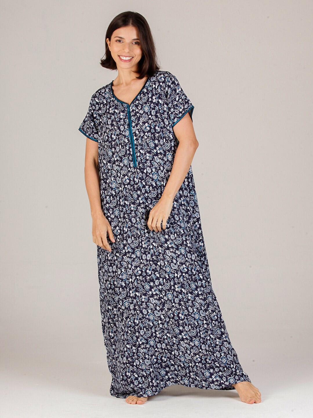 

evolove Women Navy Blue Printed Maxi Nightdress
