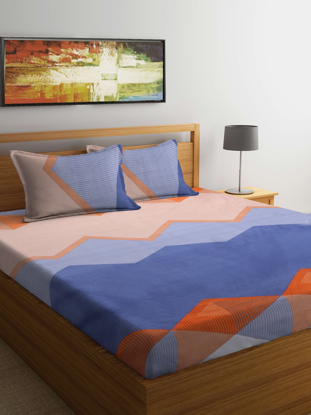 

TAG 7 Orange & Blue Geometric Cotton 210 TC Super King Bedsheet With 2 Pillow Covers