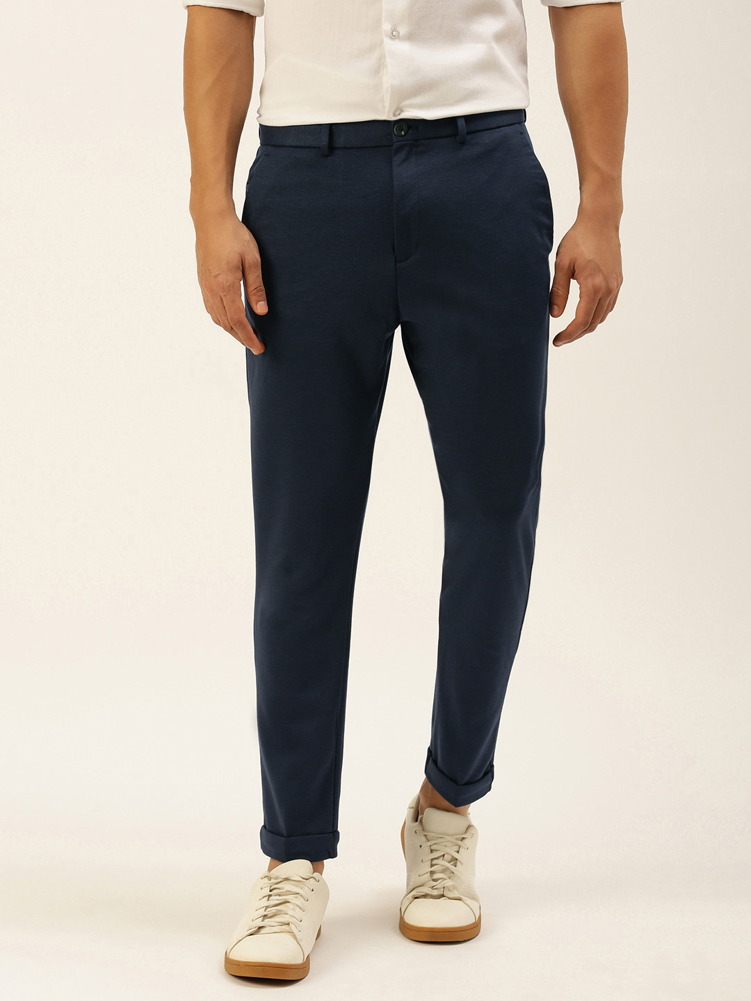 

Peter England Men Navy Blue Solid Skinny Fit Mid-Rise Plain Formal Knitted Trousers