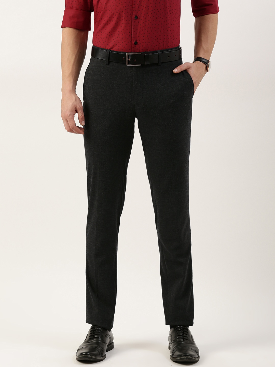

Peter England Men Regular Fit Solid Mid-Rise Formal Trousers, Charcoal