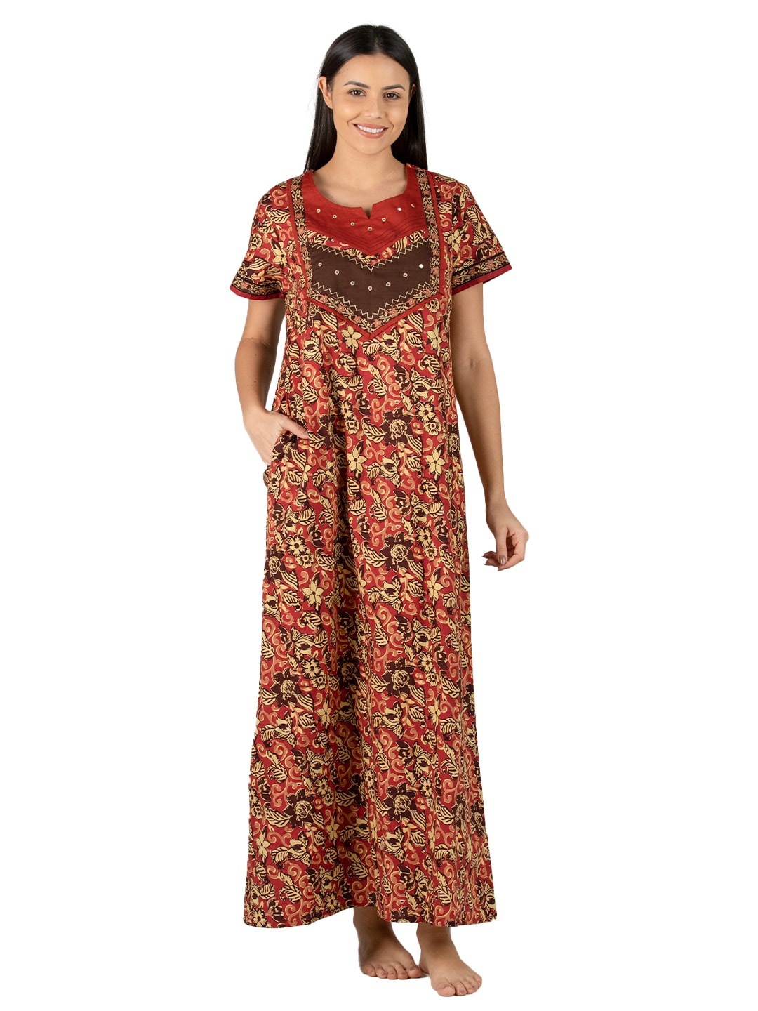 

evolove Brown Women Printed Maxi Nightdress
