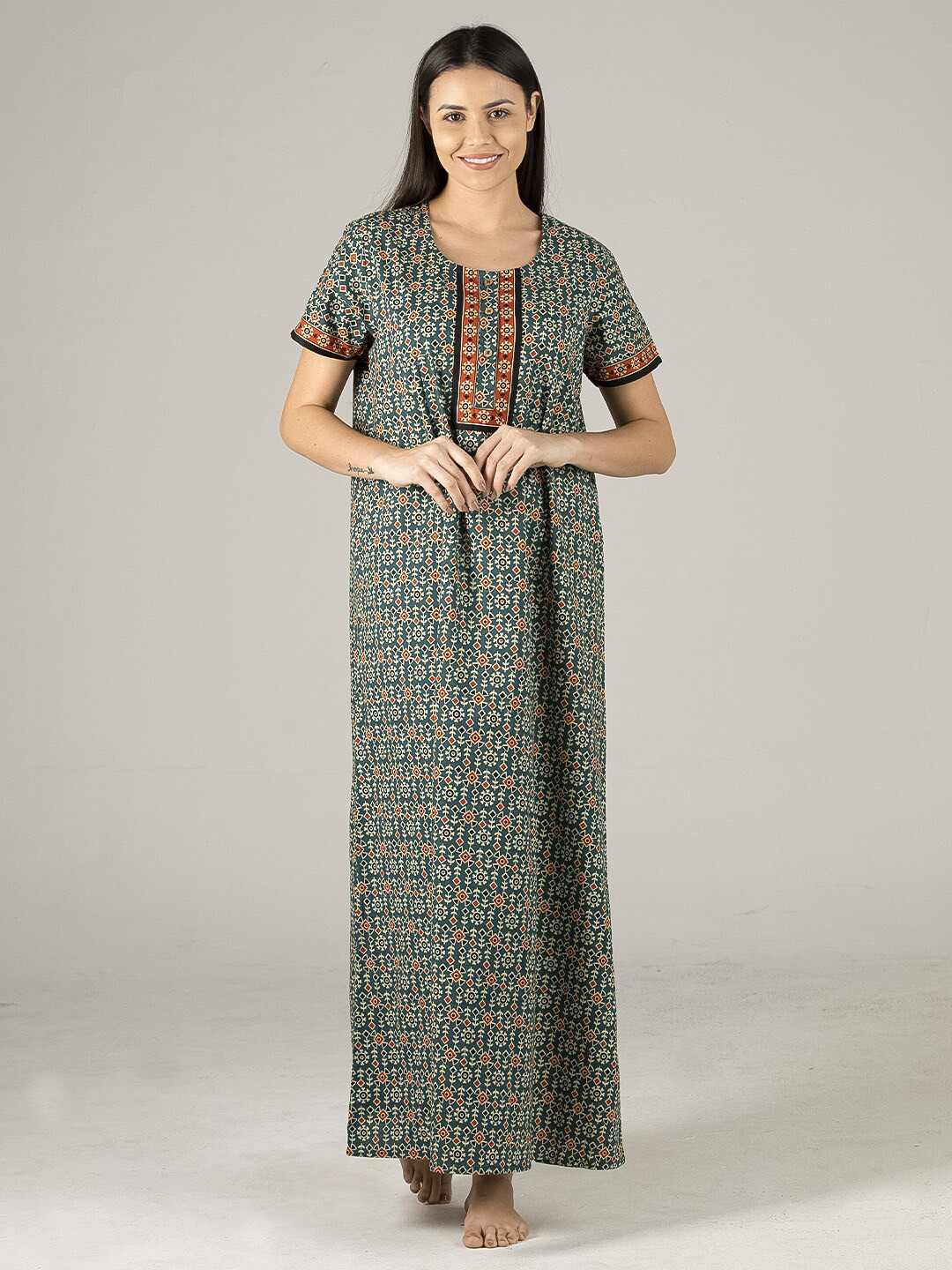 

Evolove Teal Printed Maxi Nightdress