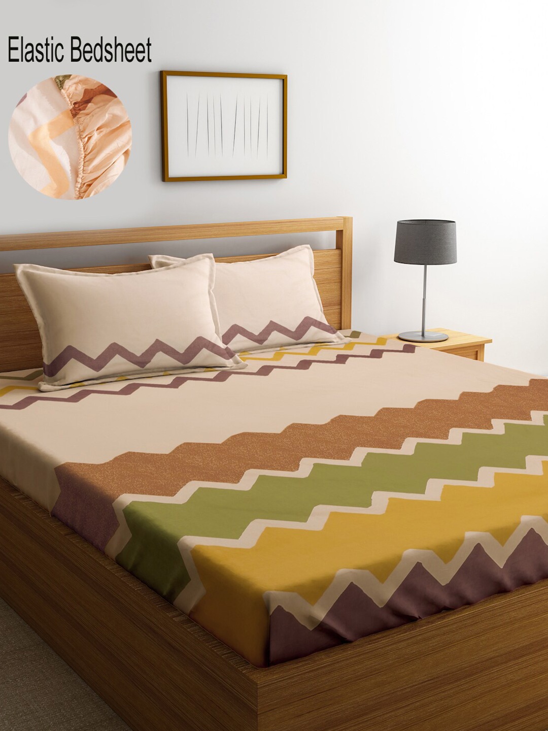 

KLOTTHE Abstract 300 TC Fitted Double Bedsheet with 2 Pillow Covers, Brown
