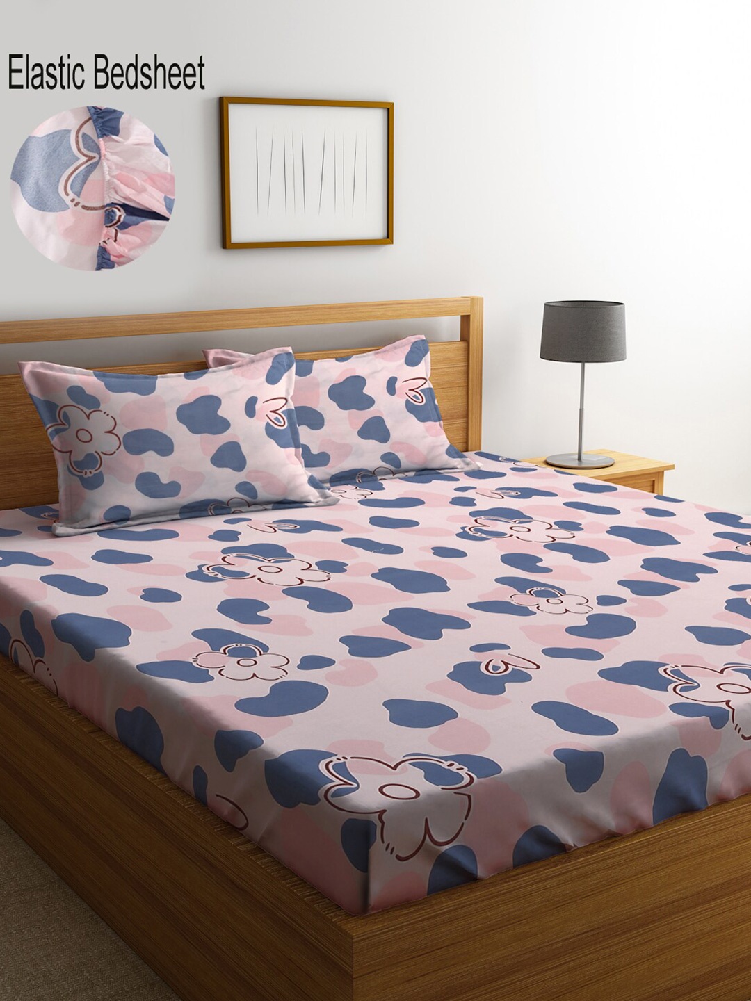 

KLOTTHE Floral Print 300 TC Fitted Double King Bedsheet with 2 Pillow Covers, Pink