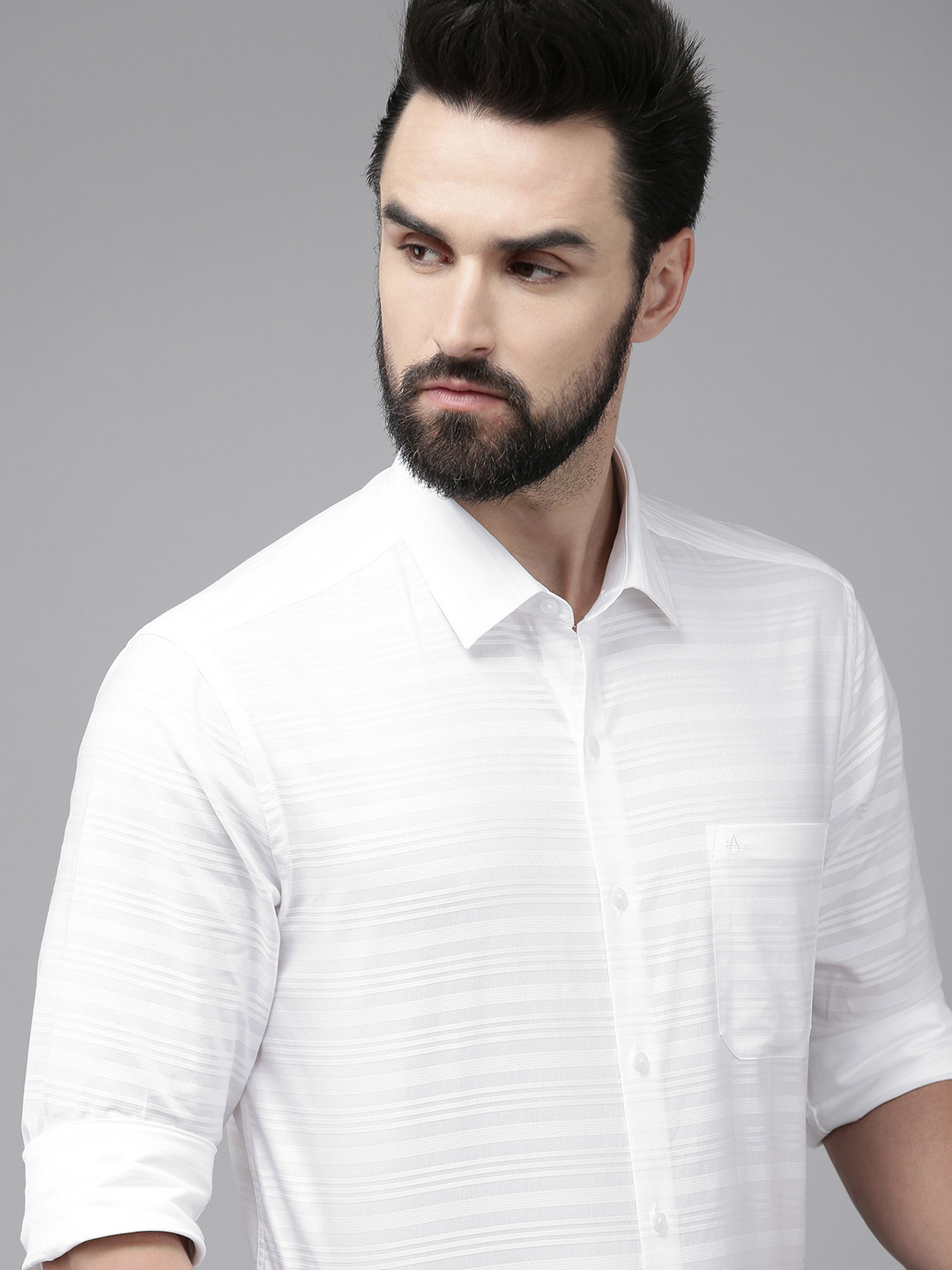 

Arrow Men White Manhattan Slim Fit Horizontal Stripes Opaque Pure Cotton Formal Shirt