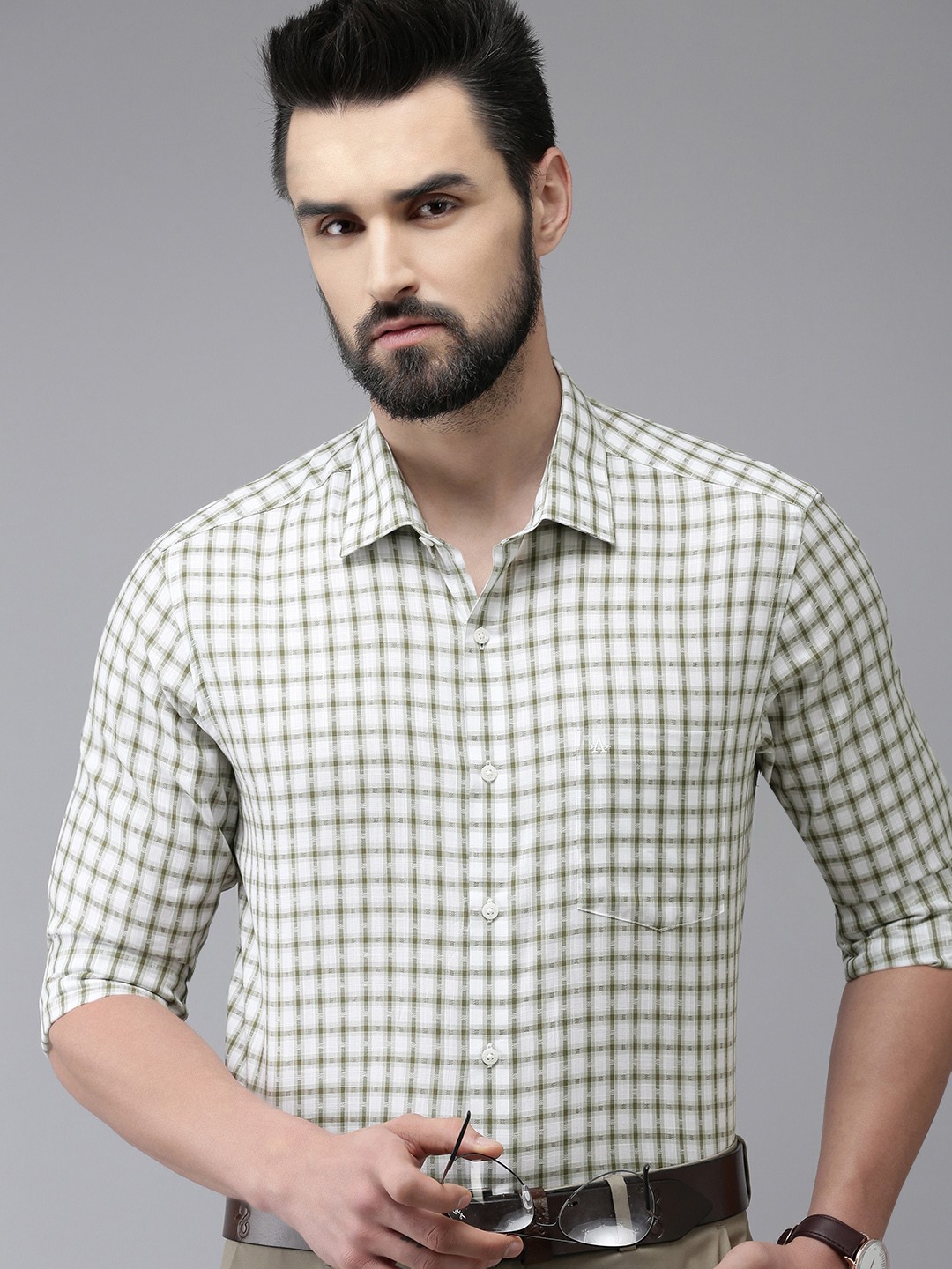 

Arrow Men White & Olive Green Manhattan Slim Fit Tartan Checked Pure Cotton Formal Shirt