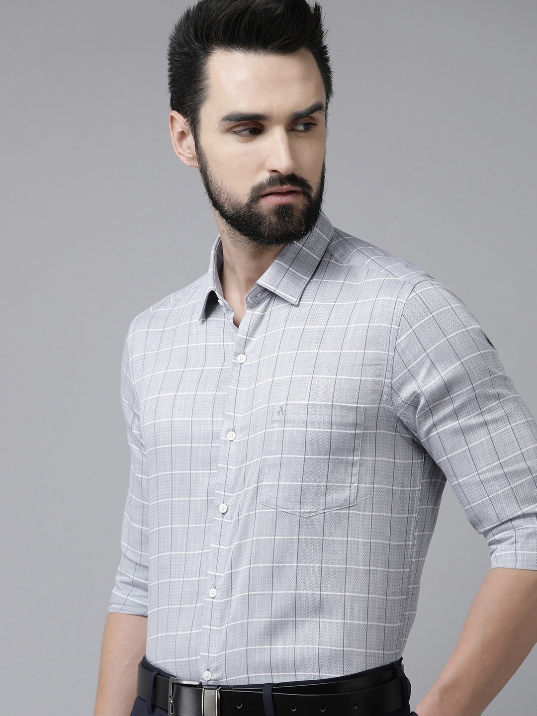 

Arrow Men Grey Original Slim Fit Windowpane Checks Pure Cotton Formal Shirt