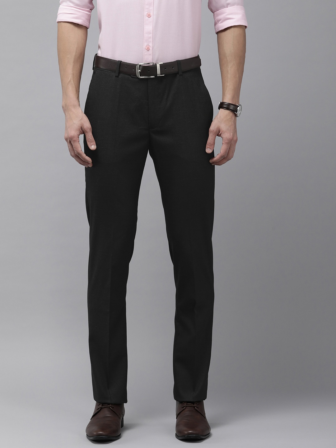 

Arrow Men Solid Tailored Fit Mid Rise Flat Front Formal Trousers, Grey melange
