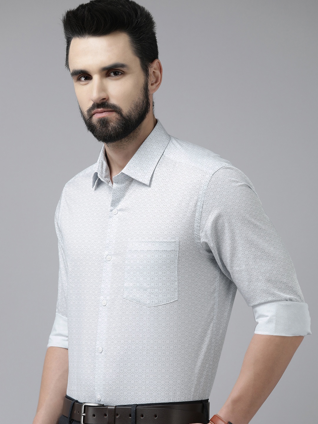 

Arrow Men Grey & White Original Slim Fit Geometric Printed Pure Cotton Formal Shirt