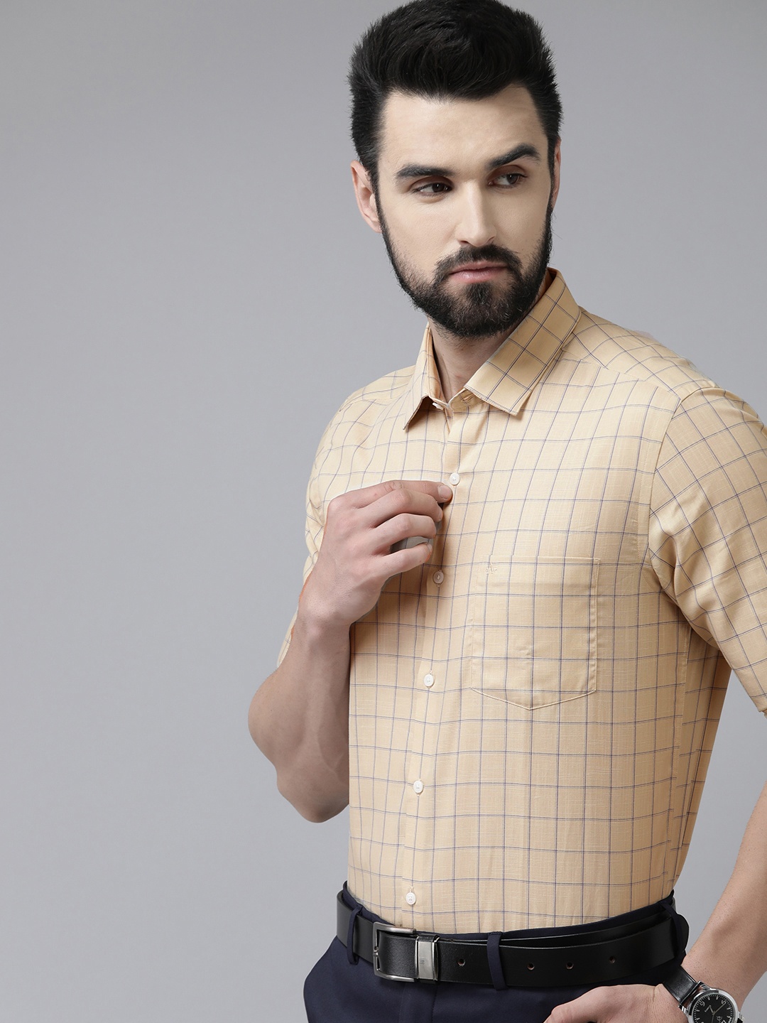 

Arrow Men Beige & Blue Manhattan Slim Fit Checked Pure Cotton Formal Shirt