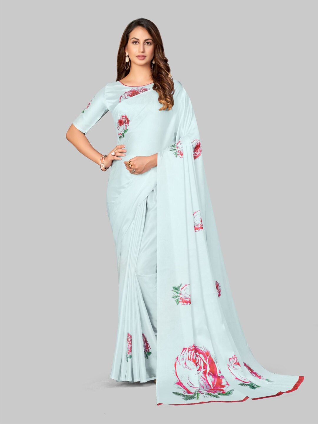 

7TH FAB Women Blue & Pink Floral Printed Satin Saree