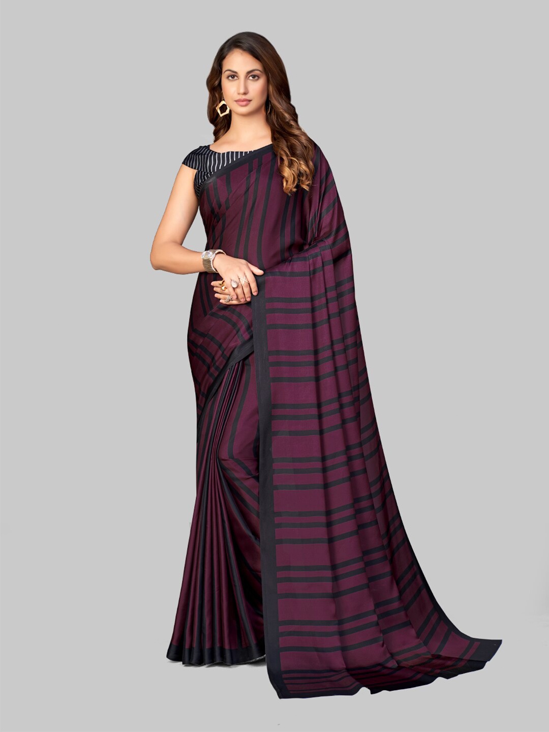 

7TH FAB Purple & Black Striped Satin Saree