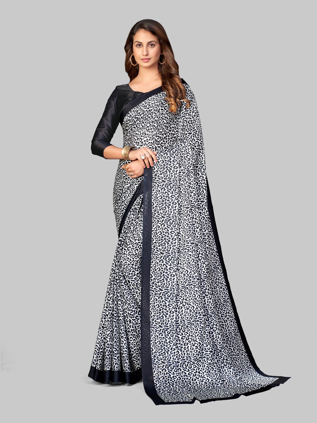 

7TH FAB Black & White Women's Pure Satin Georgette Stripes Print Saree