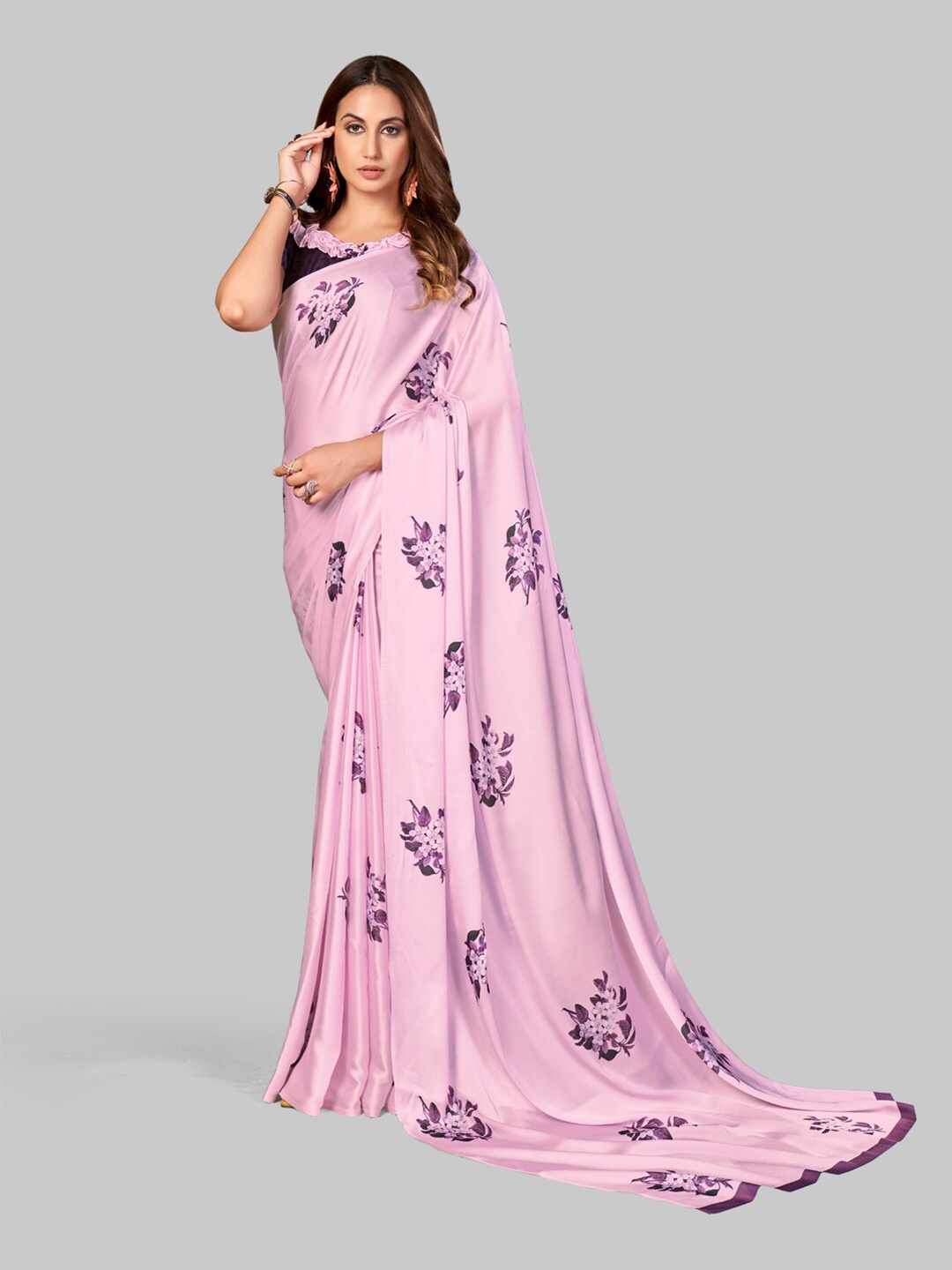 

7TH FAB Pink & Purple Floral Satin Saree