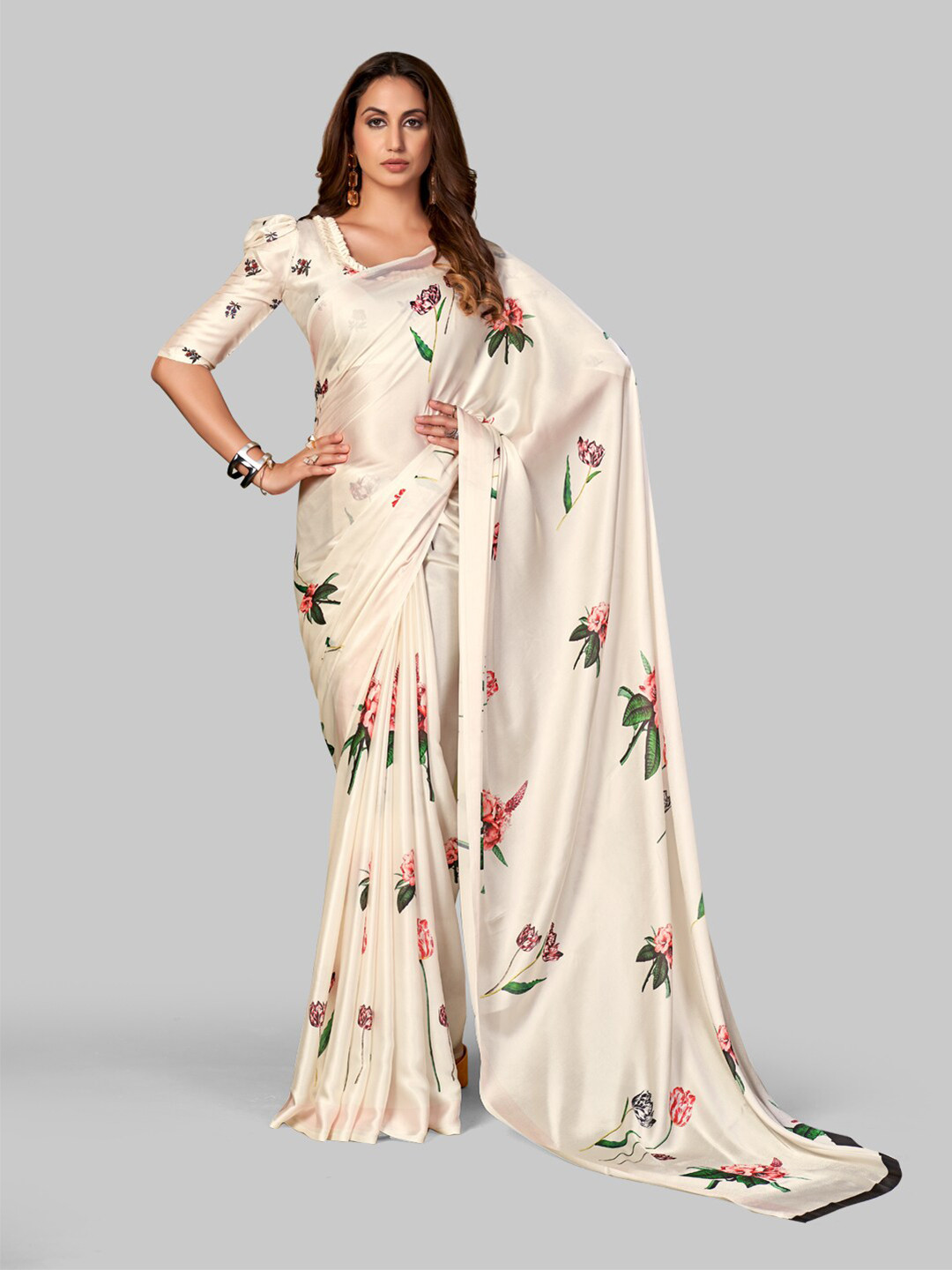 

7TH FAB Cream-Coloured & Red Floral Print Satin Georgette Saree
