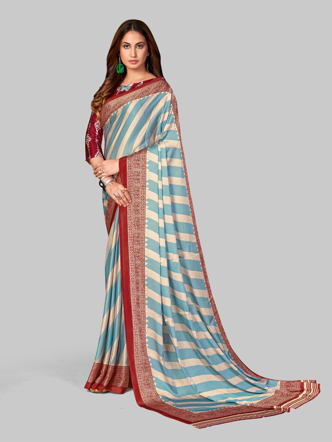 

7TH FAB Blue & Red Striped Pure Satin Georgette Leheriya Saree With Contrast Border