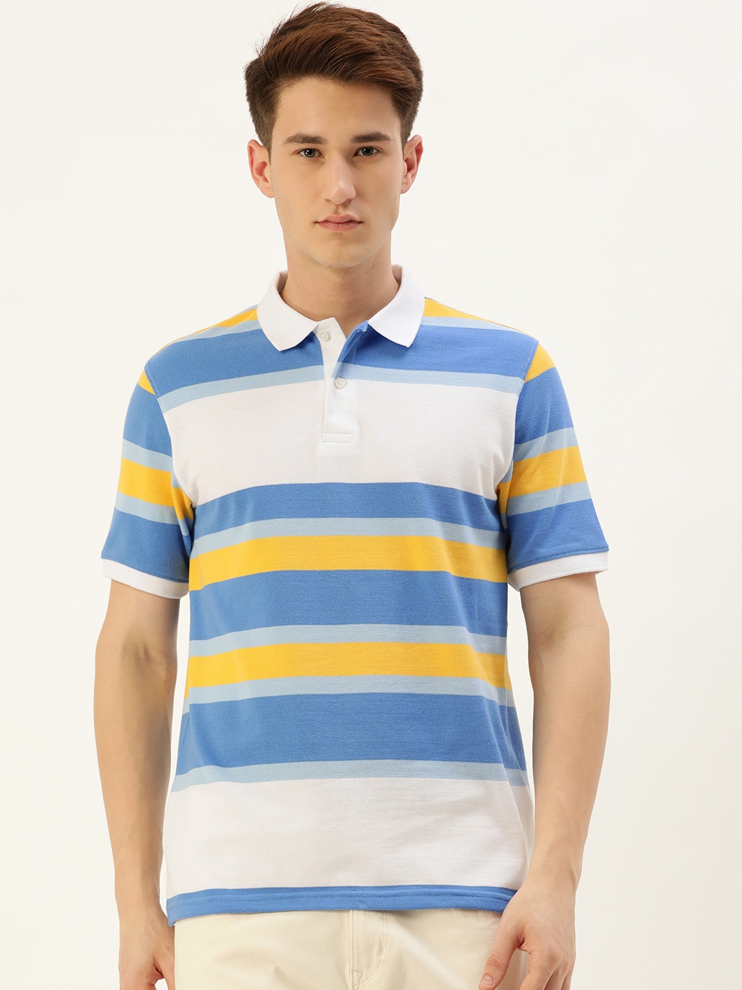 

Peter England Men Blue & White Striped Polo Collar T-shirt