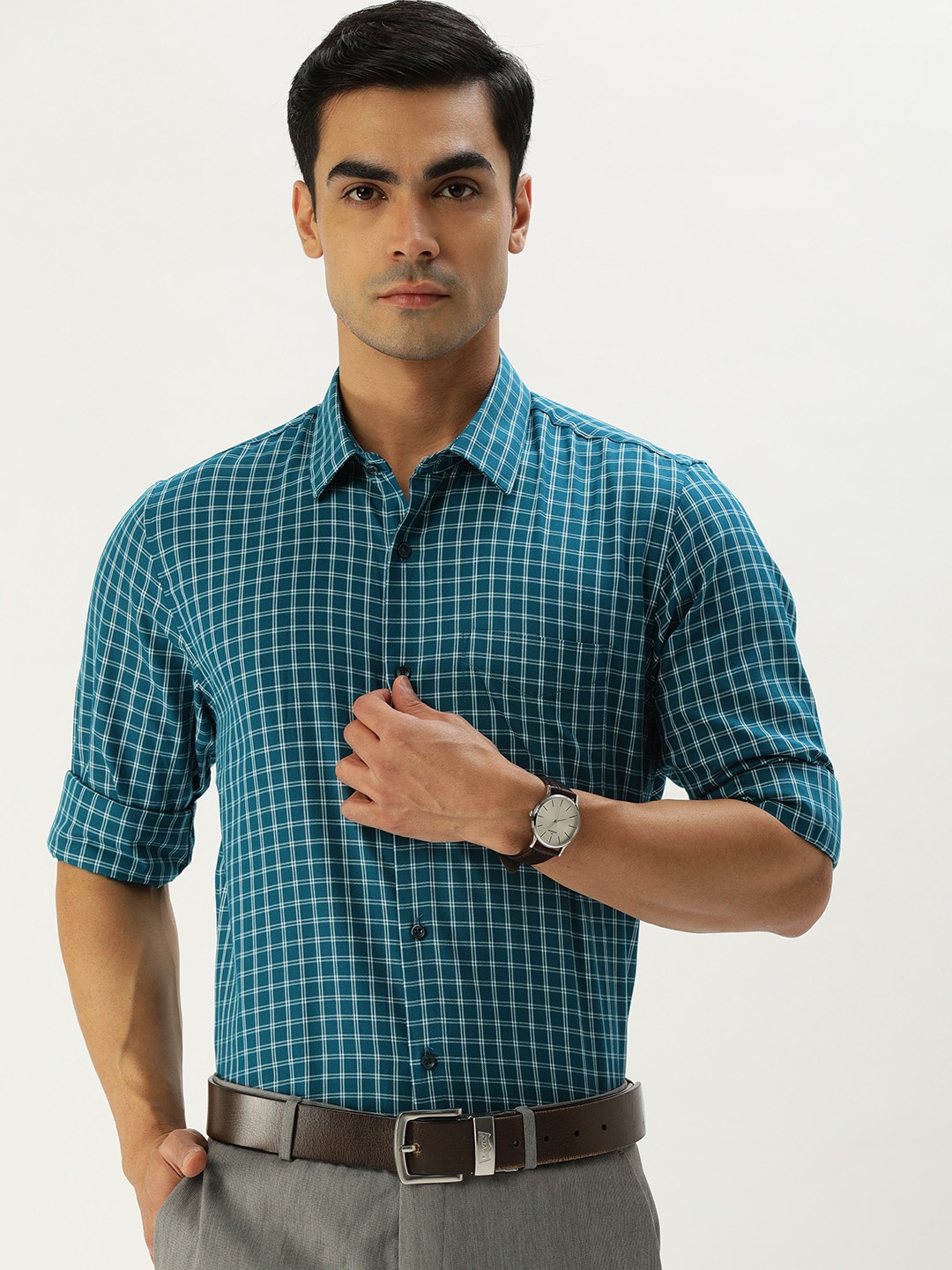 

Peter England Men Slim Fit Checked Formal Shirt, Teal