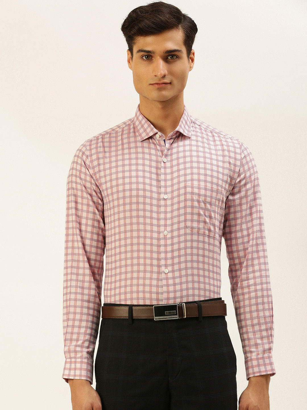 

Peter England Men Pink Slim Fit Windowpane Checks Opaque Formal Shirt With Chest Pocket