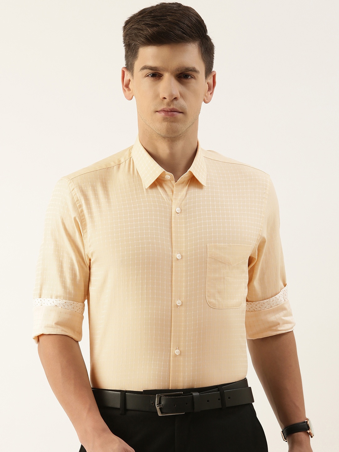 

Peter England Slim Fit Checked Pure Cotton Formal Shirt, Cream