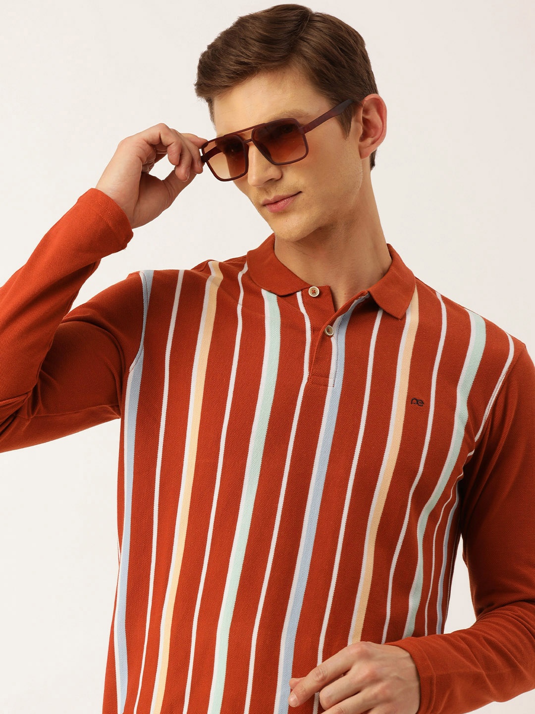 

Peter England Striped Polo Collar Slim Fit T-shirt, Rust