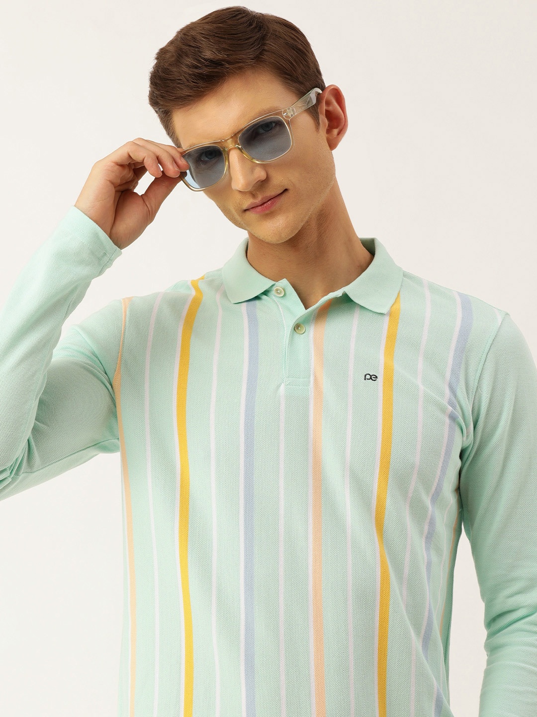 

Peter England Men Striped Polo Collar Slim Fit T-shirt, Green
