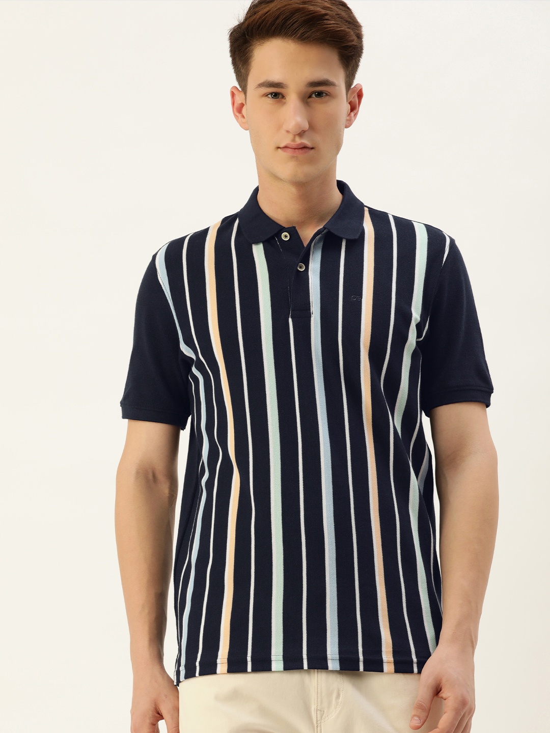 

Peter England Men Navy Blue & White Striped Polo Collar T-shirt